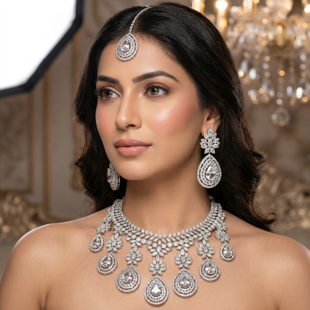 American Diamond Semi Bridal Set with Tikka