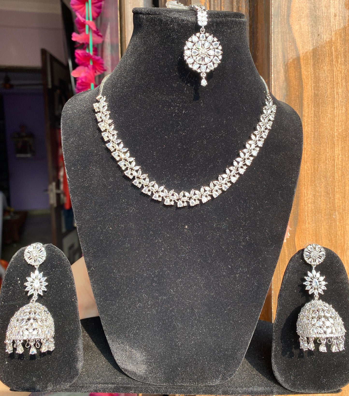 American Diamond Necklace Set With Jhumkas And Tikka