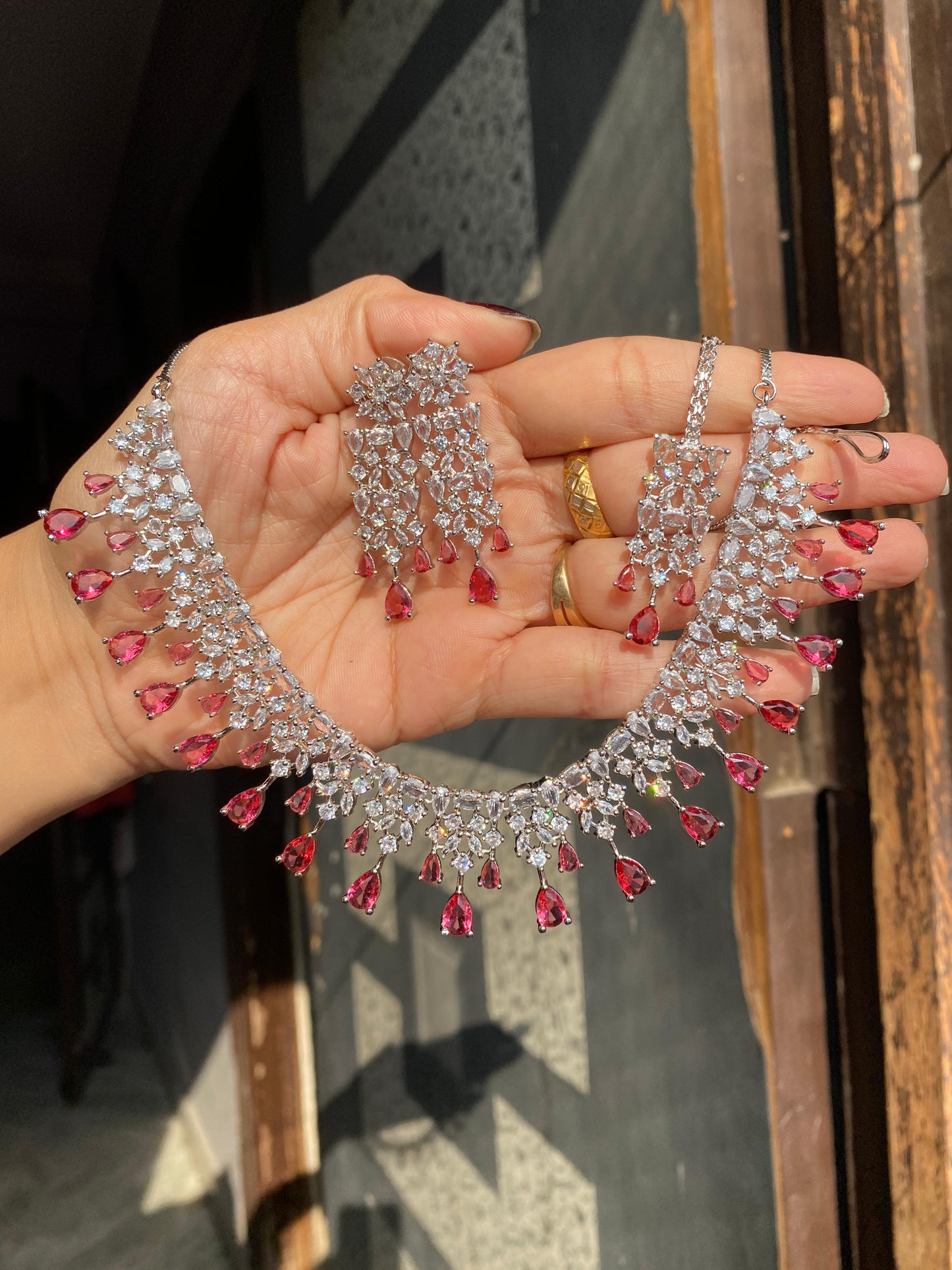 American Diamond Necklace Set With Earrings And Tikka