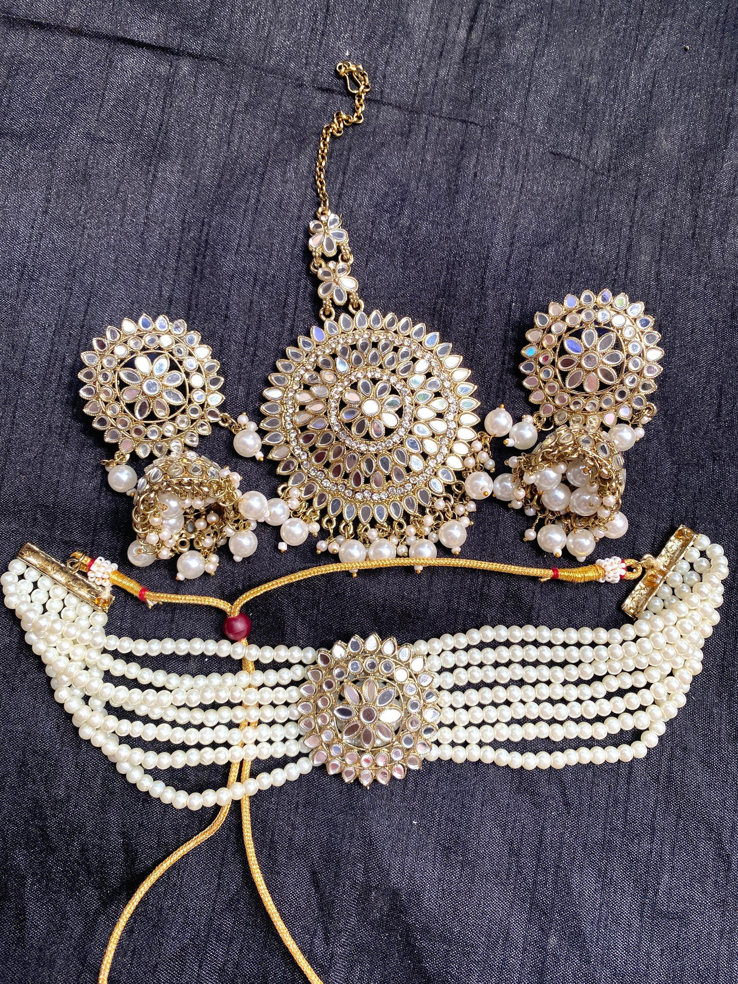 Original Mirror Kundan Choker Set With Jhumkas and Maangtika