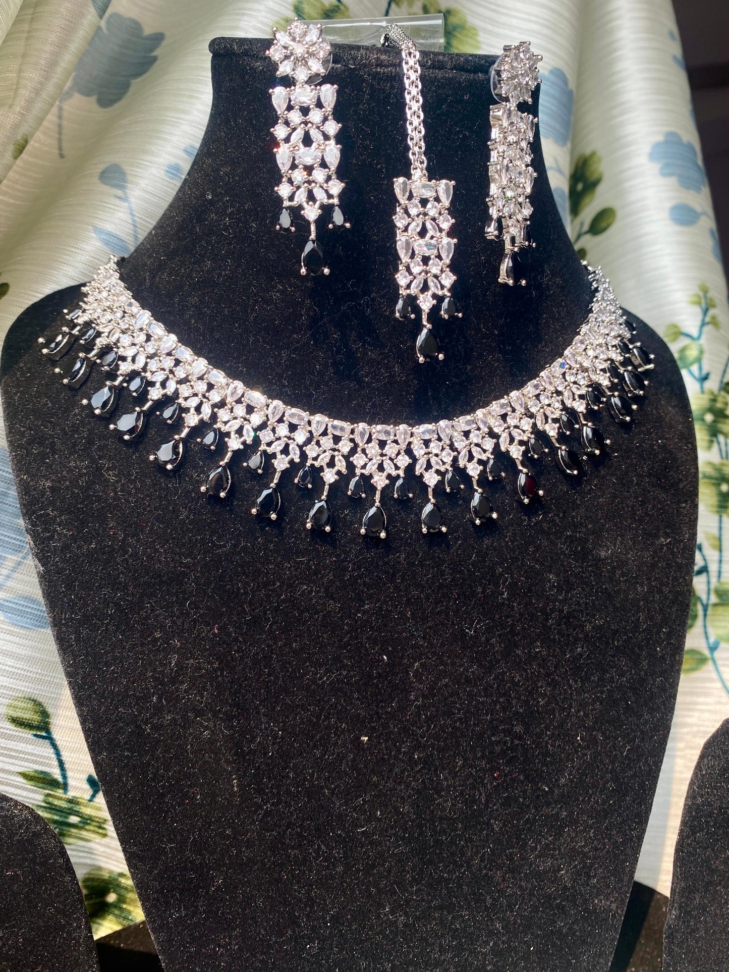 American Diamond Necklace Set With Earrings And Tikka