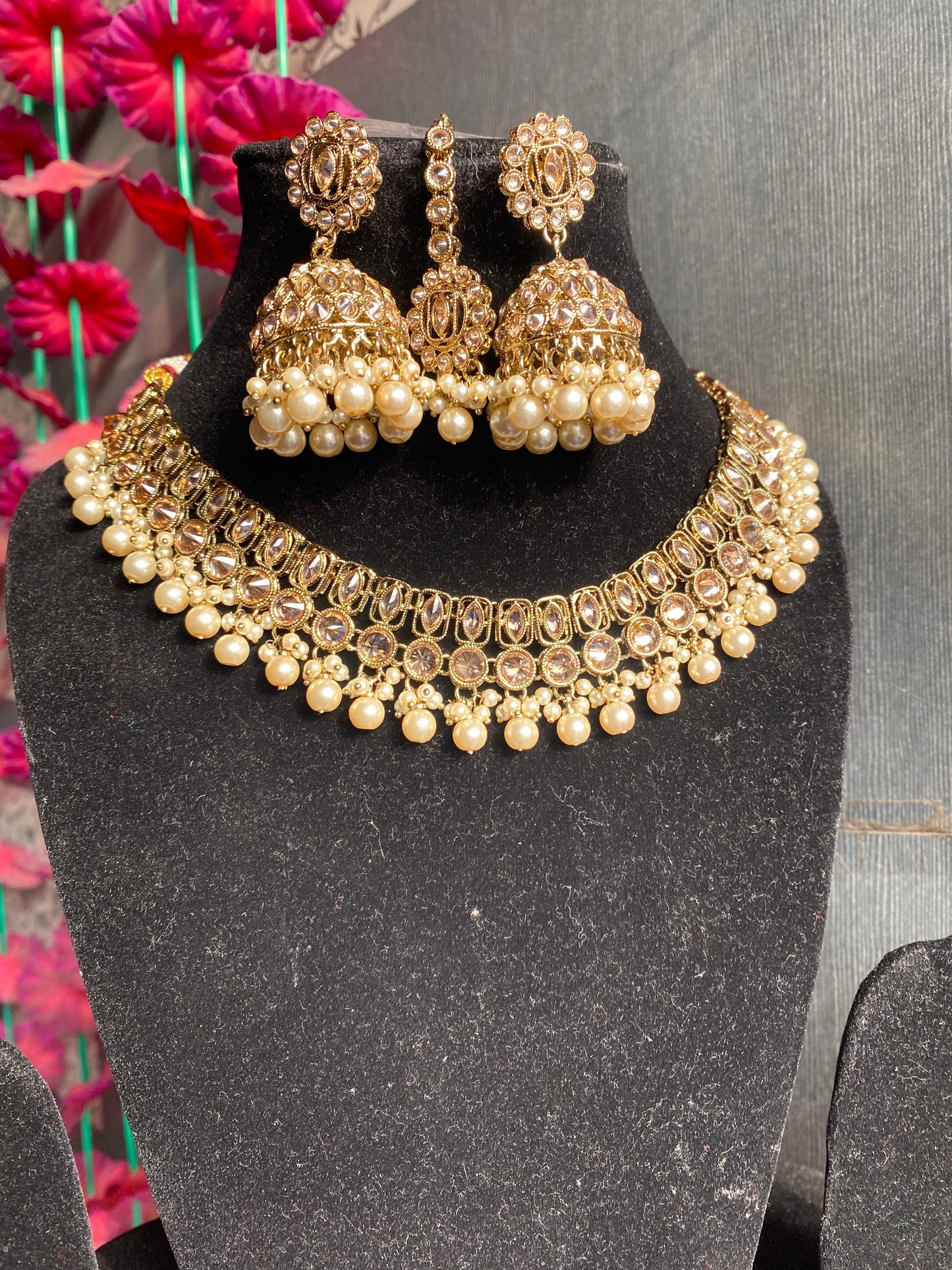 Exclusive Polki Gold Plated Necklace Set With Semi- Precious Pearl Droplets