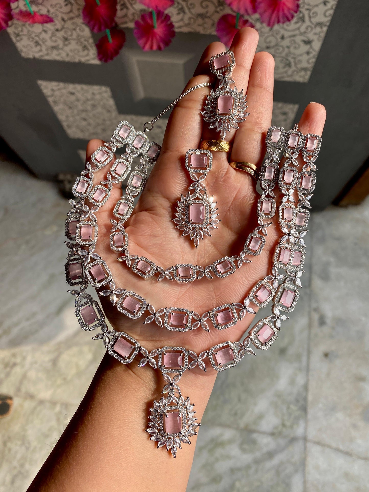 Three Layer American Diamond Necklace Set