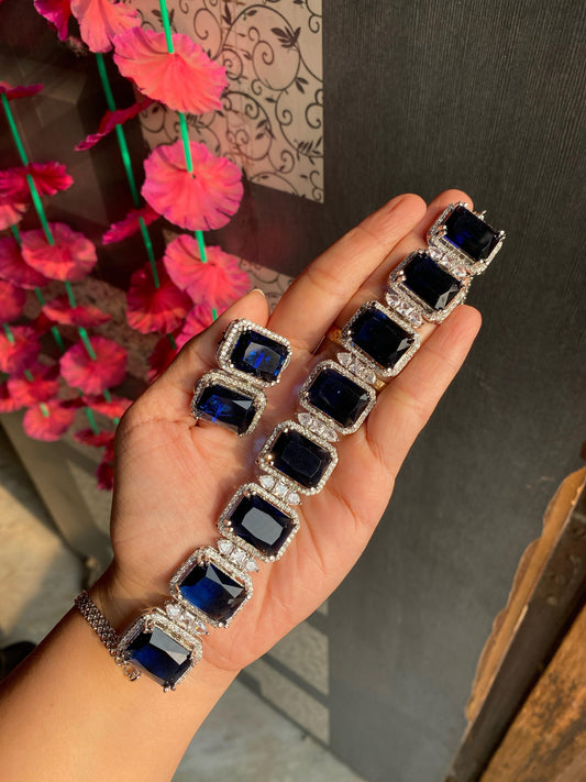 Anti Tarnish American Diamond Block Necklace Set