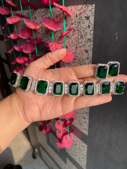 Anti Tarnish American Diamond Block Necklace Set