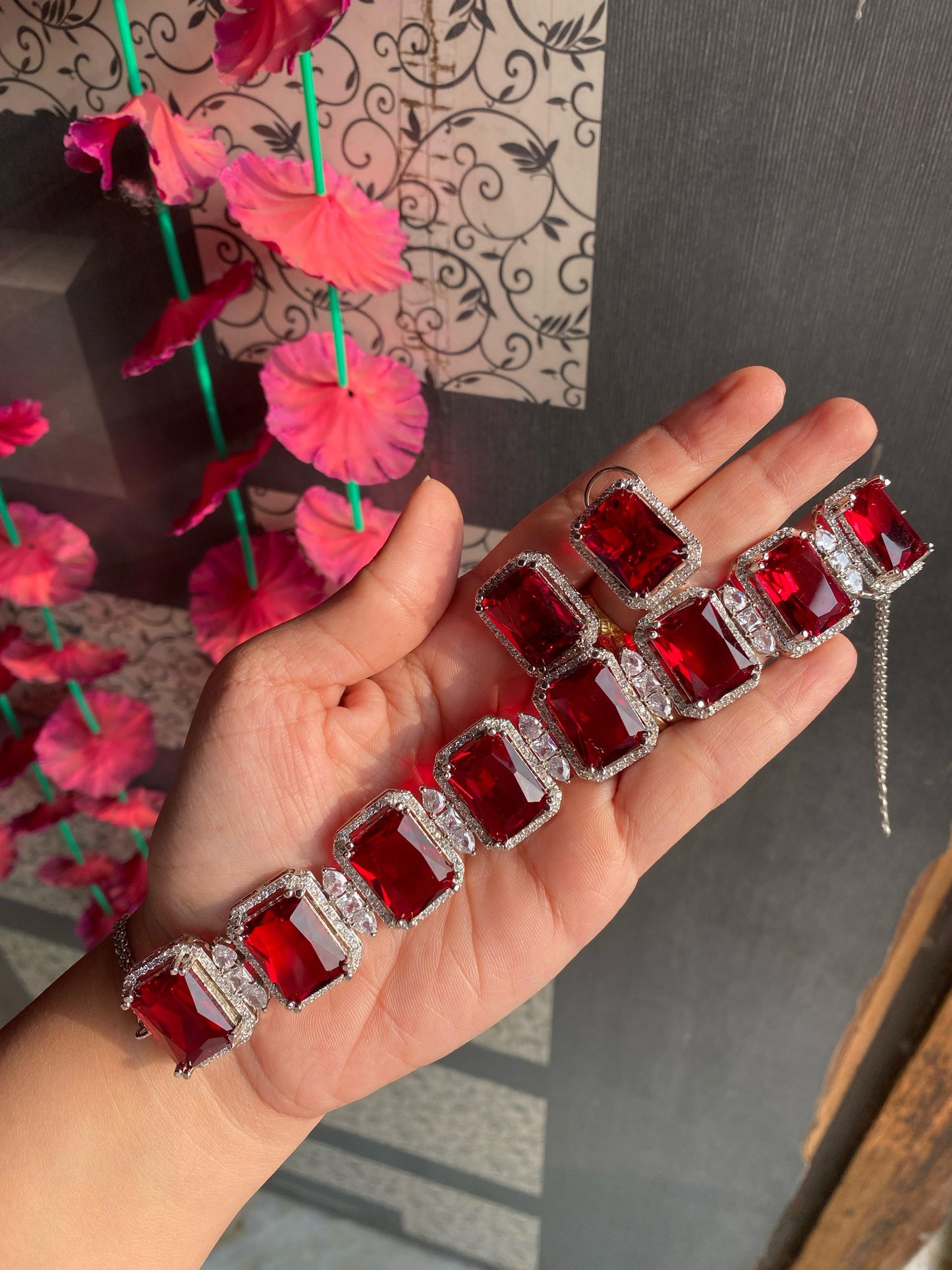 Anti Tarnish American Diamond Block Necklace Set