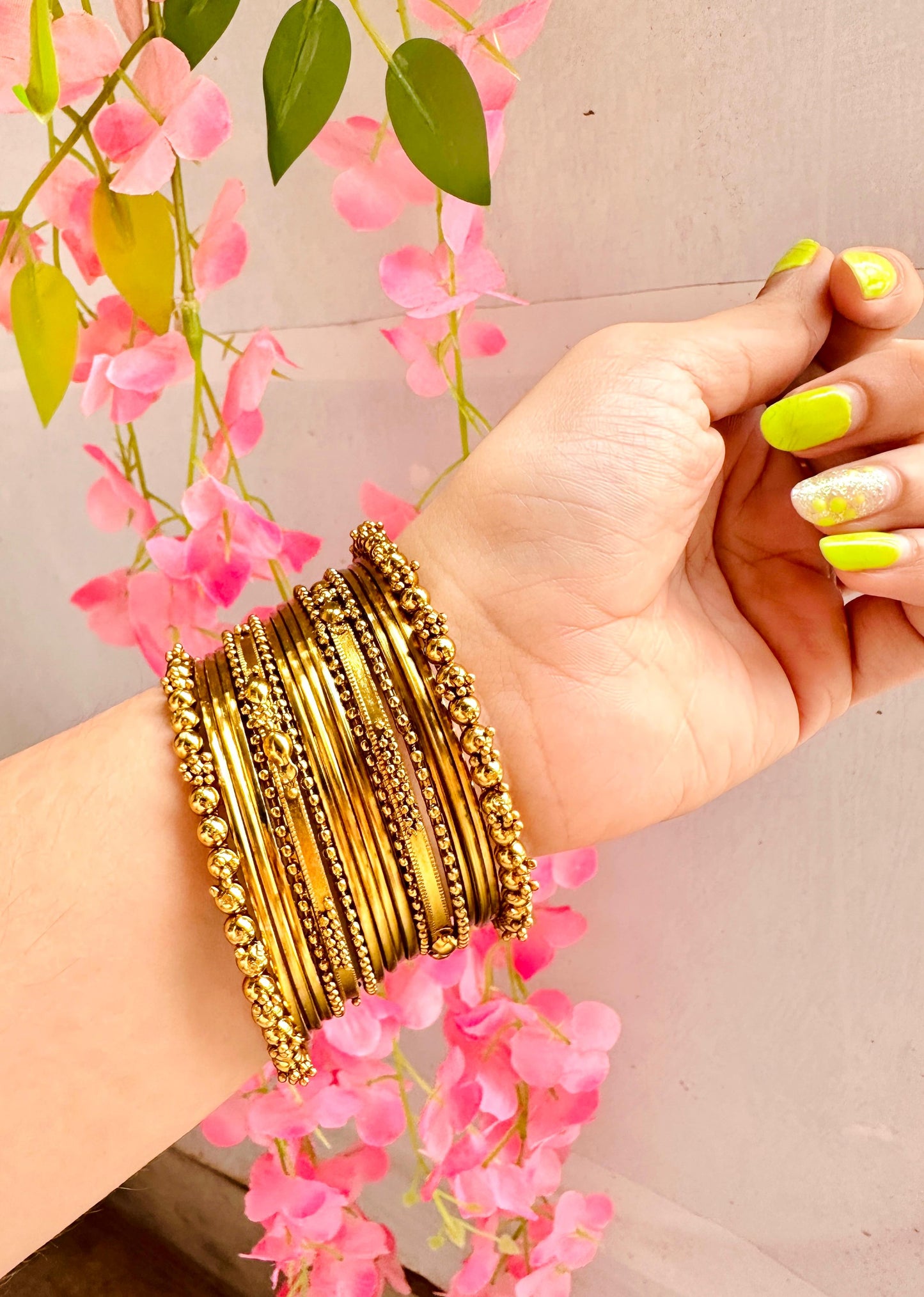 Bindu metal bangle stack- Gold, silver and black