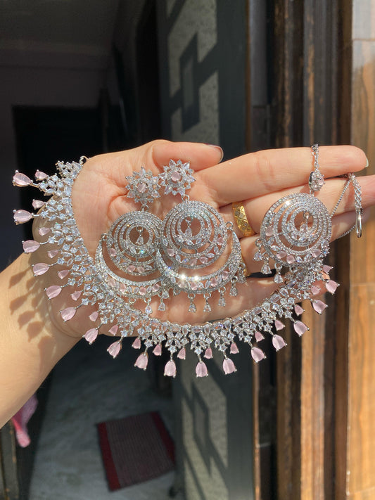 American Diamond Set with Chandbali and Tikka