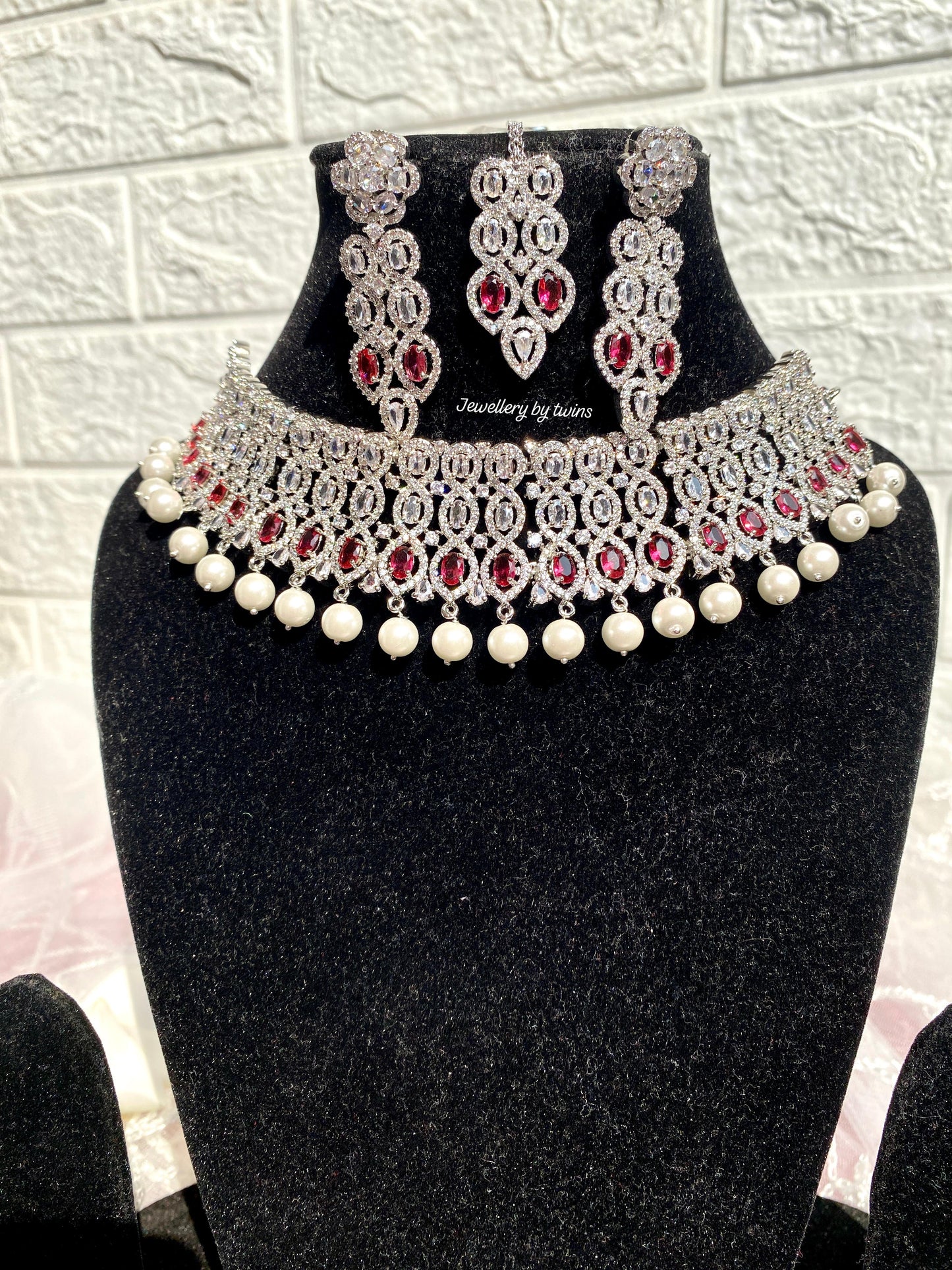 Samiksha Pearl Choker Set With Tikka Rhodium Plated- Anti Tarnish