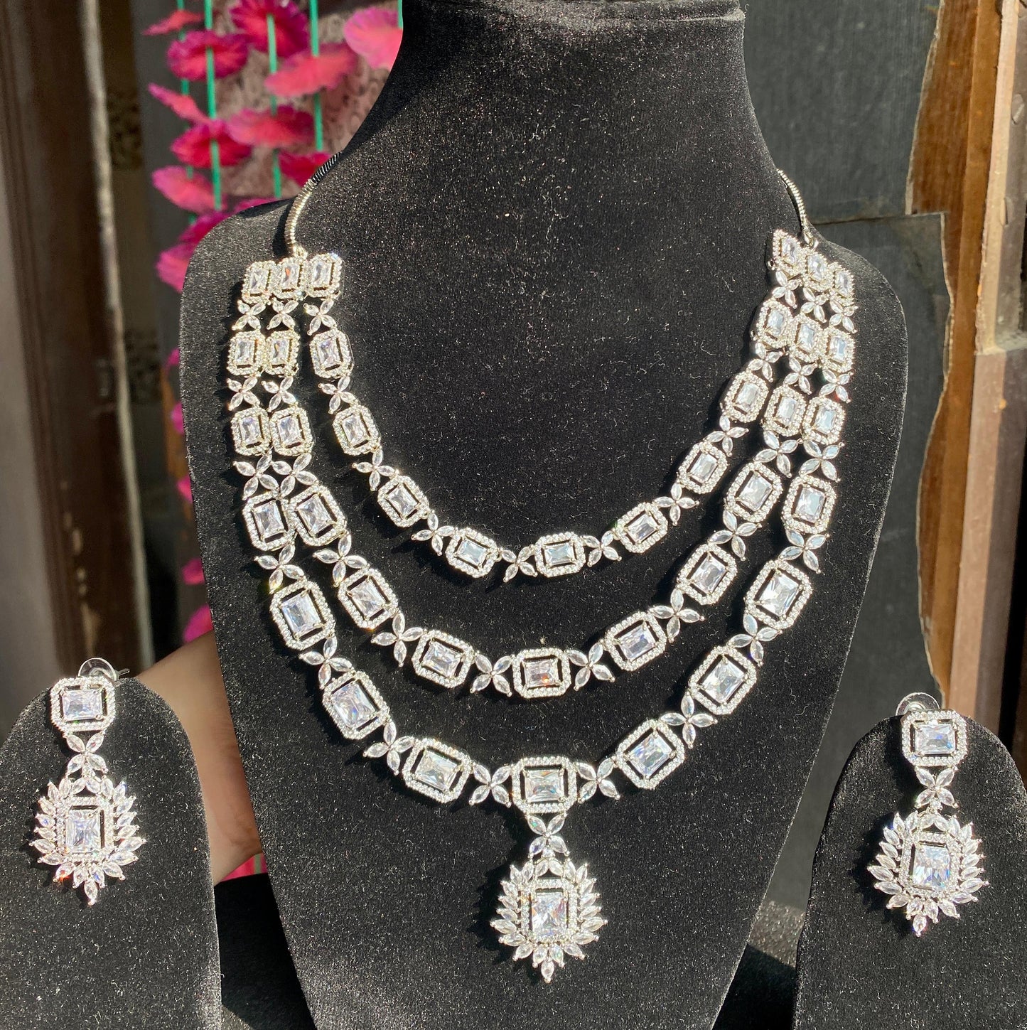 Rhodium Plated 3 Layer American Diamond Necklace Set