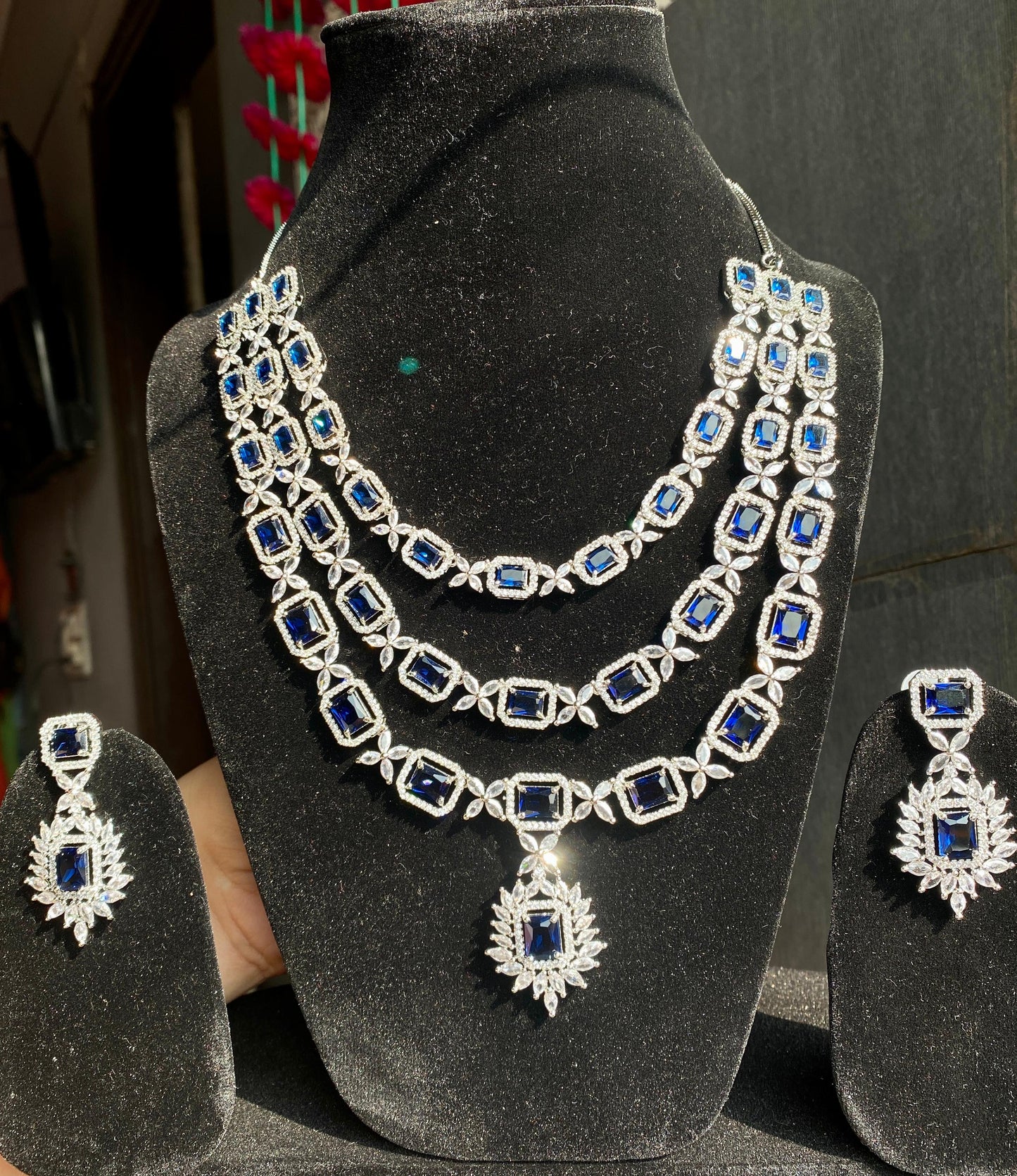 Rhodium Plated 3 Layer American Diamond Necklace Set