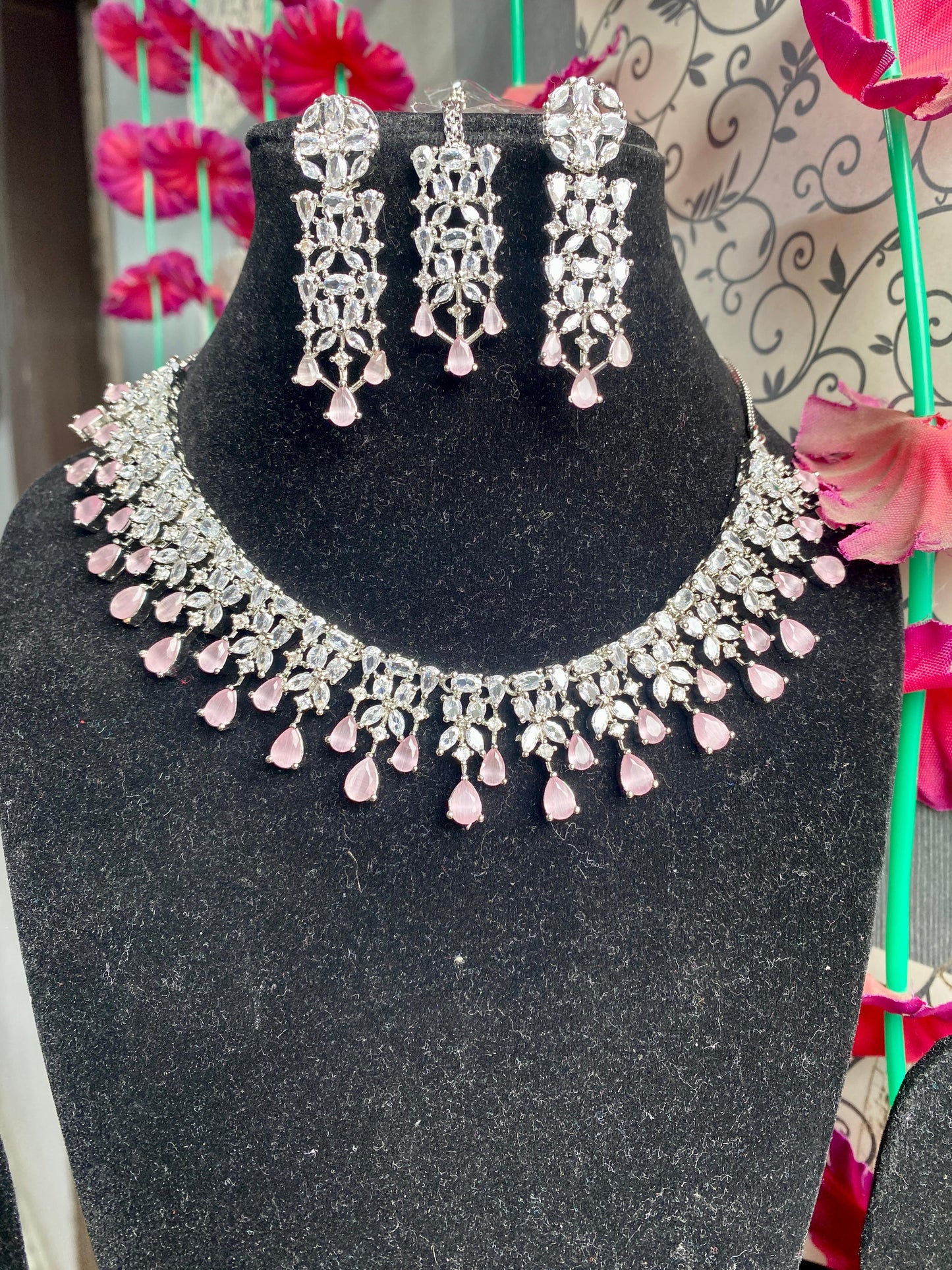 American Diamond Necklace Set With Earrings And Tikka