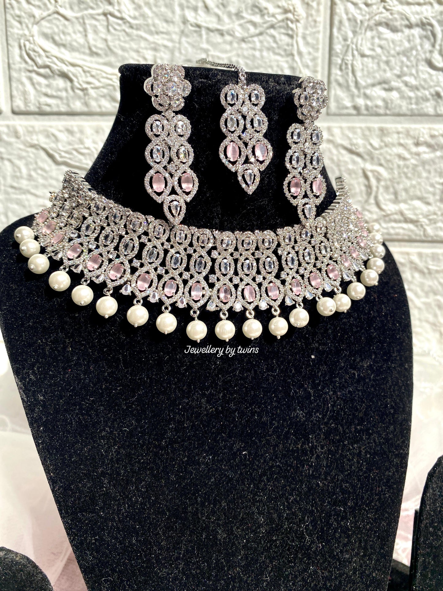 Samiksha Pearl Choker Set With Tikka Rhodium Plated- Anti Tarnish