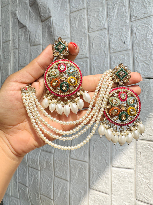 Multicolour Kundan Pearl Hairchain Earrings