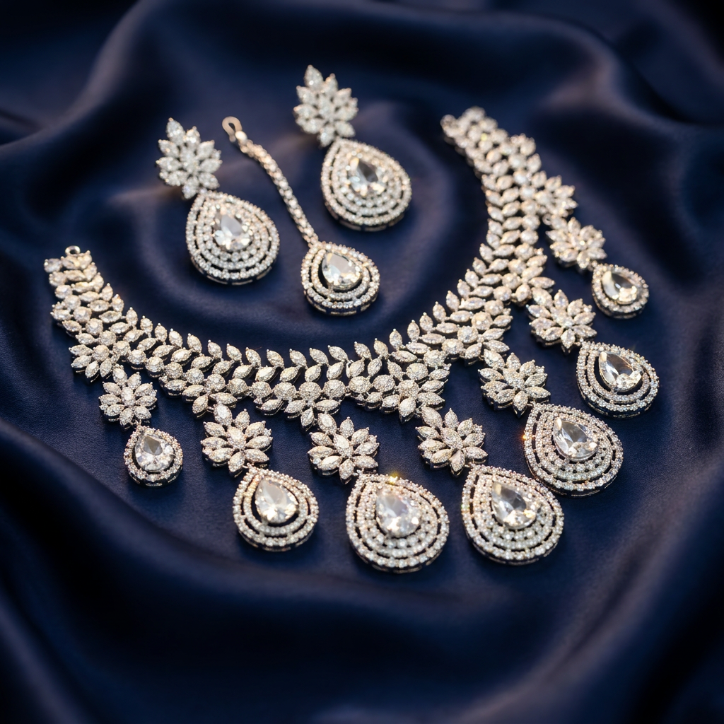 American Diamond Semi Bridal Set with Tikka