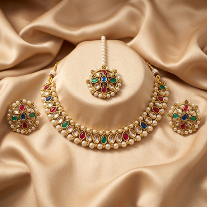 Pearl Kundan Set With Studs and Tikka