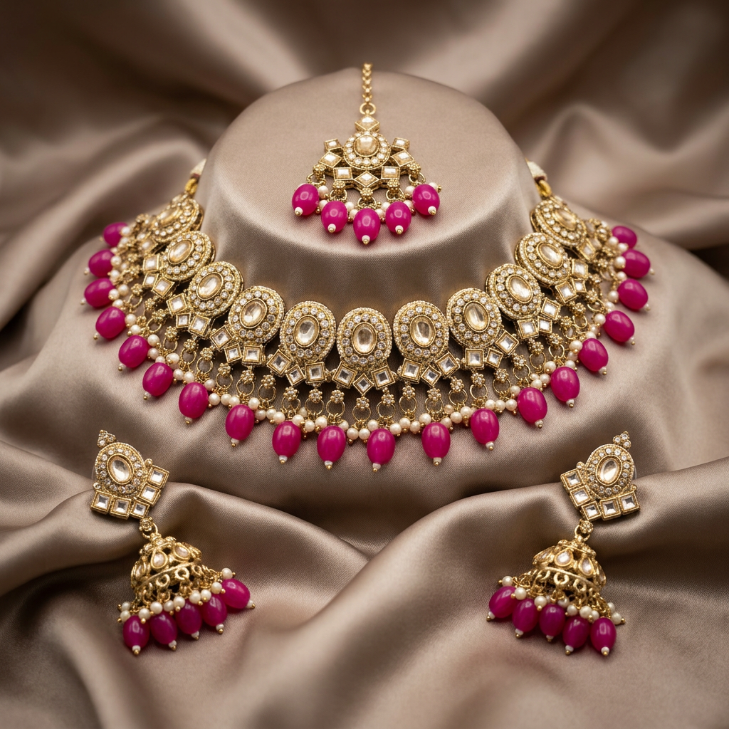 Polki Necklace Set With Tikka Jhumka
