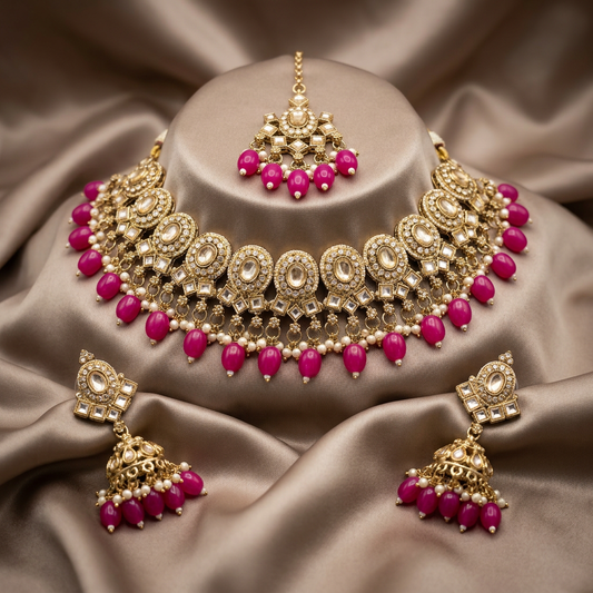 Polki Necklace Set With Tikka Jhumka