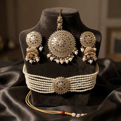 Punjabi Pearl Choker Set With Tikka