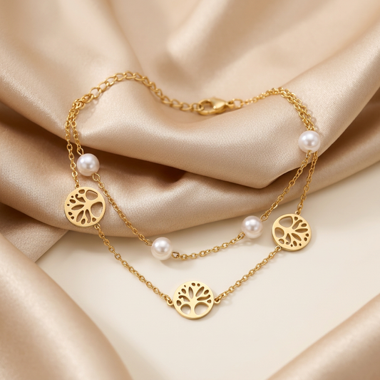 Anti Tarnish Tree of Life Pearl Chain Bracelet