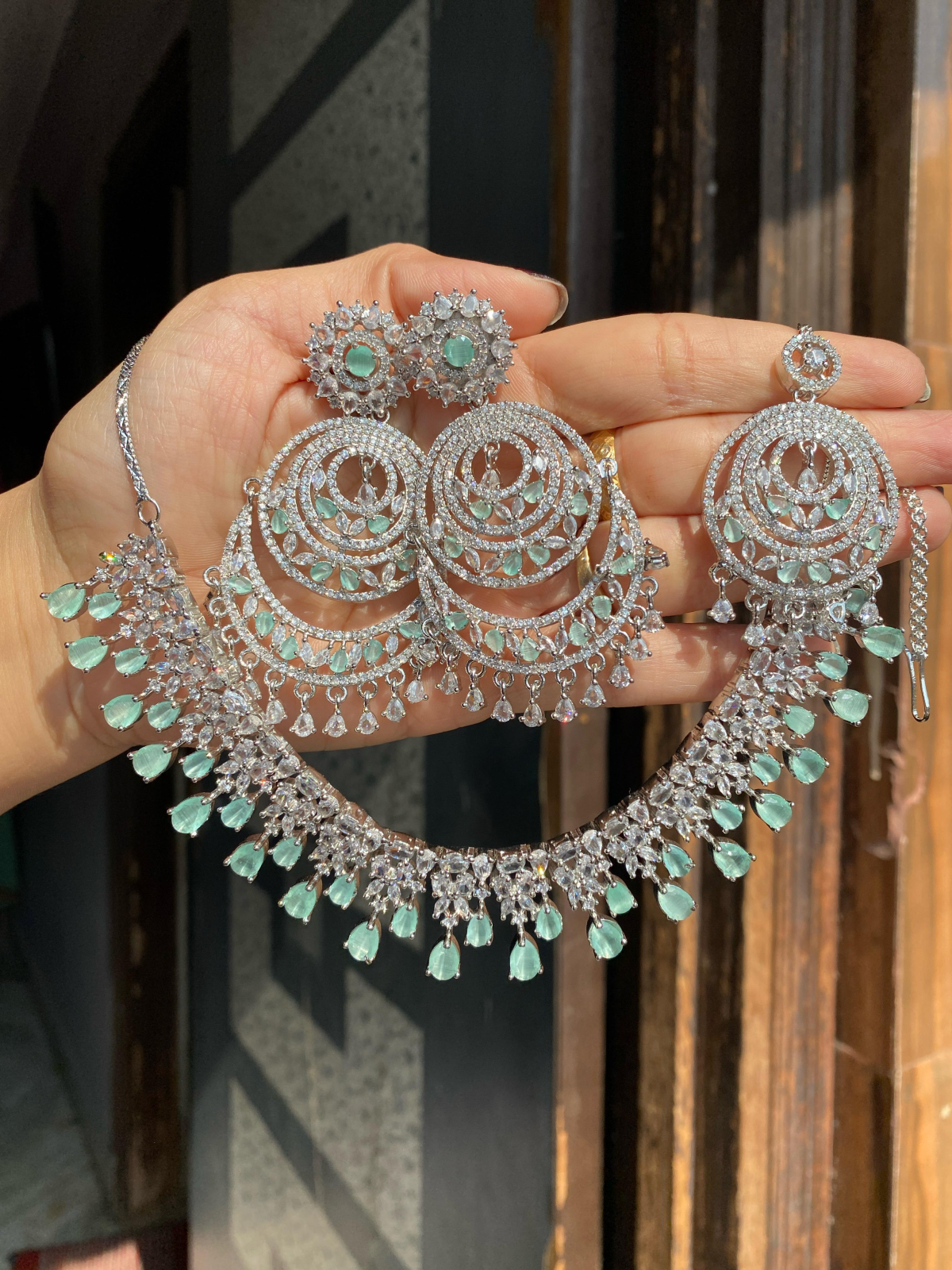 JBT American diamond set with chandbali and tikka - Image 4