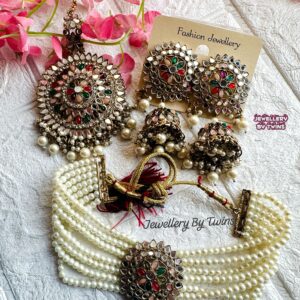 JBT Punjabi pearl choker set with tikka