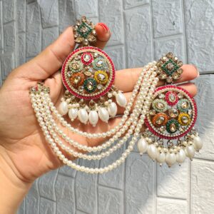 JBT Multicolour Kundan Pearl Hairchain Earrings